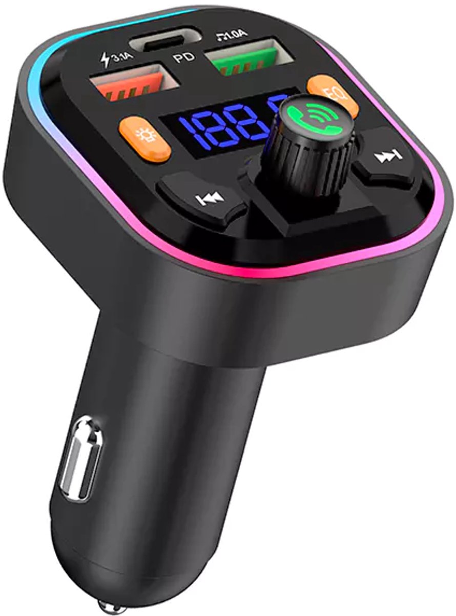 Ven-Dens Autolader met 2 USB-poorten en Type-C-aansluiting, Bluetooth 5.0, FM-zender, draadloze FM-radioadapter en muziekspeler.