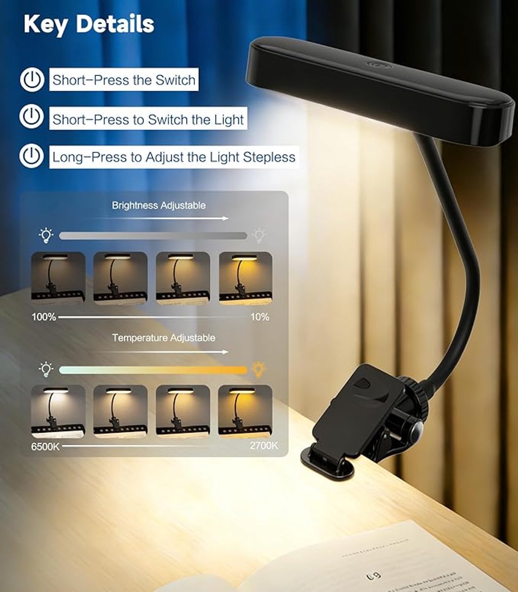 2-in-1 LED-leeslamp en bureaulamp, clip-on leeslamp geschikt voor in bed en bij het lezen van boeken, 7,9 inch flexibele videoconferentielamp, 3 instelbare kleurstanden, oplaadbare lamp geschikt voor laptops, mobiele telefoons en studeren. — cadeau in Gadgets - foto 5