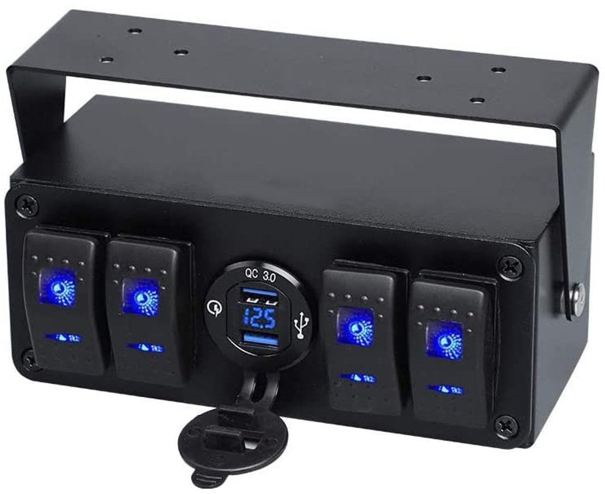 OmGoods - Dailygoody - Rocker Switch Panel - 12V-24V - Dual USB Snellader - Zwart - Voor Marine, Boot, Truck en Auto - 4-Weg Schakelaar