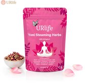 Een pakje URlife Yoni Steaming Herbs met een kom gedroogde kruiden.