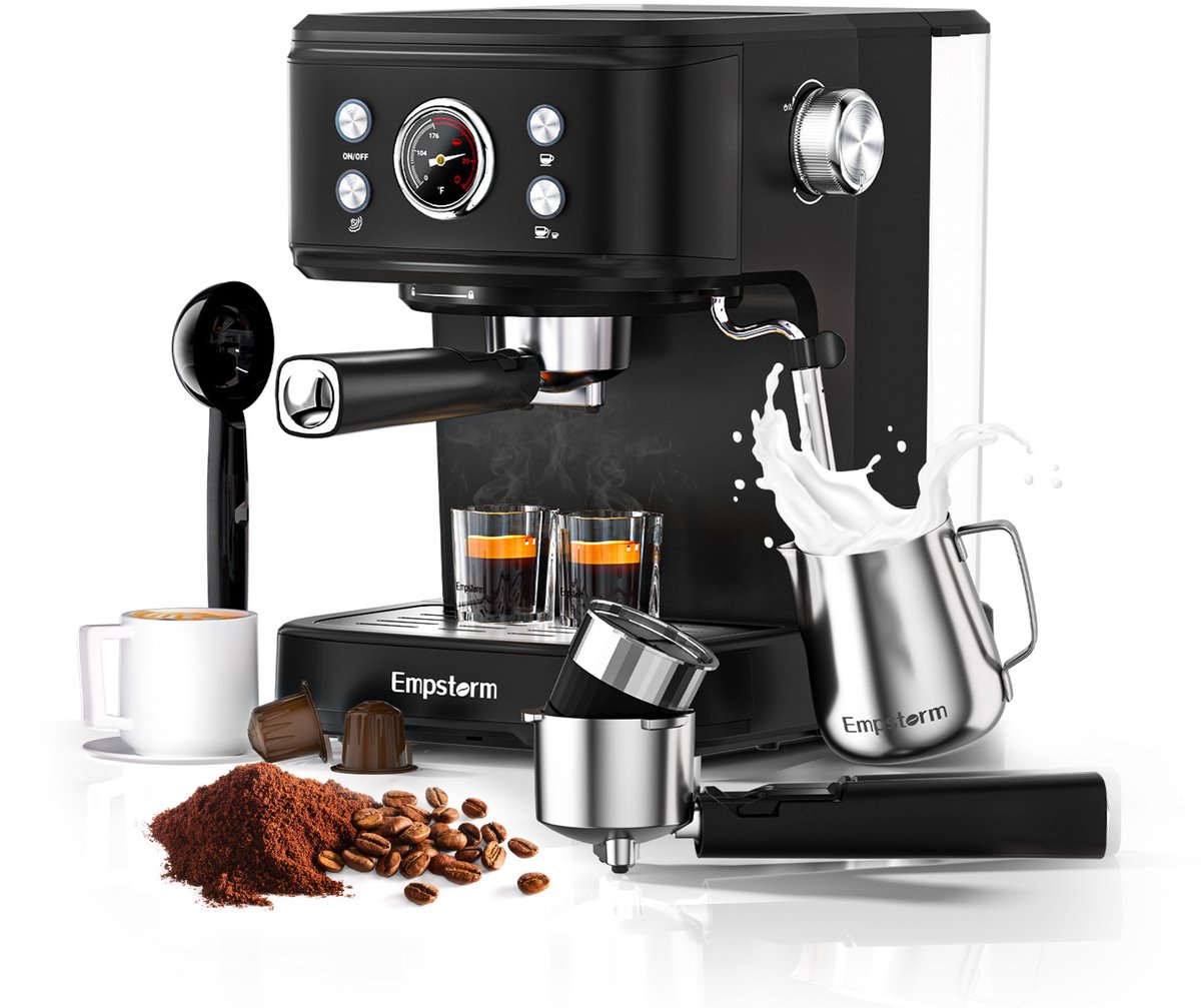 Empstorm EM‑04E Espressomachine 20Bar - 2-in-1 Capsule & Gemalen Koffie - PID Temperatuurregeling - 1,5L Watertank - RVS Filter- Warmhoudplateau - Thuis Kantoor Koffieapparaat Zwart — afbeelding 1