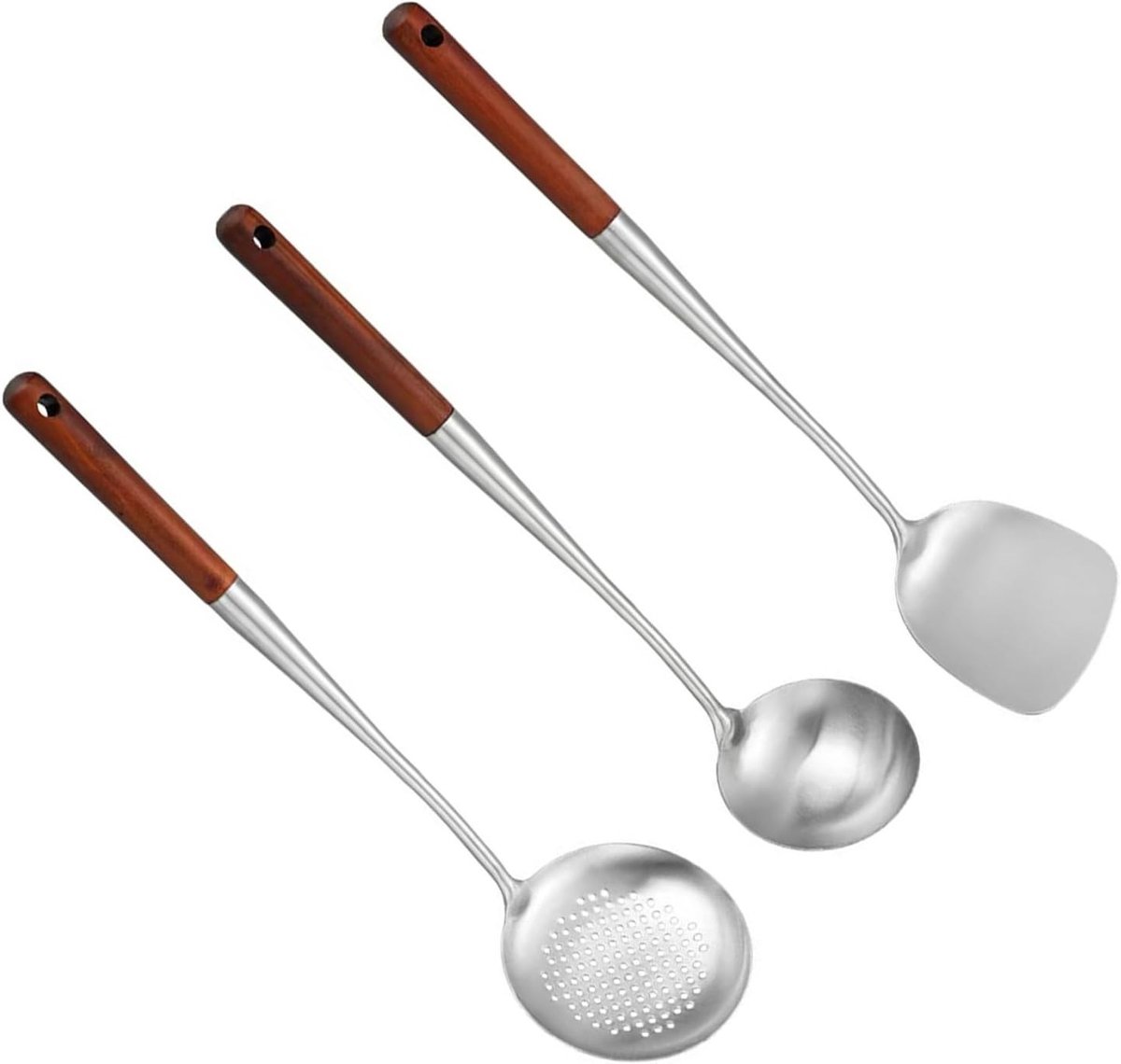 Set van 3 Wok Spatels met Rvs Lepel, Hittebestendige Houten Handgreep en Keuken Gereedschap, Vaatwasserbestendig en Ideaal voor Roerbakken en Koken