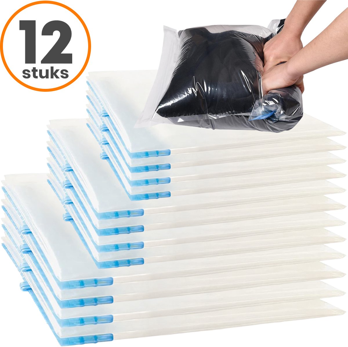 Loti Living Vacuümzakken voor op Reis - 12 Stuks/3 Maten - Kleding - Vacuüm Handrolzakken - Roll Up - Vacuümzakken Oprolbaar - Geen pomp nodig!