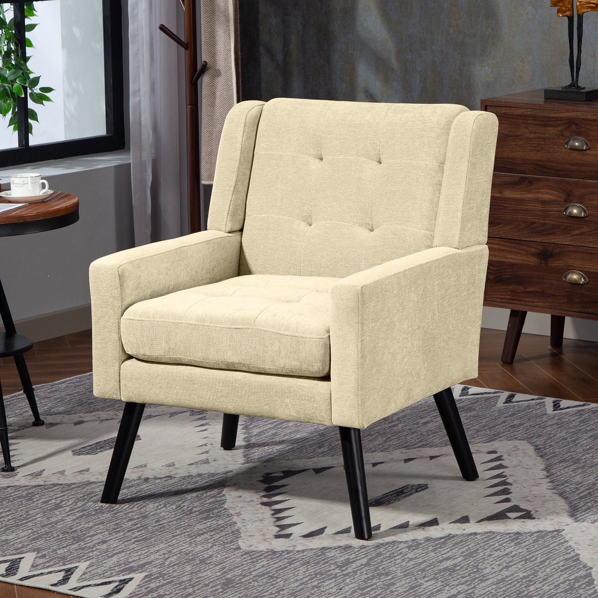 Gestoffeerde Fauteuil - massief houten poten en rugleuning, comfortabele tv-stoel, draagvermogen 130 kg, Scandinavisch design - beige