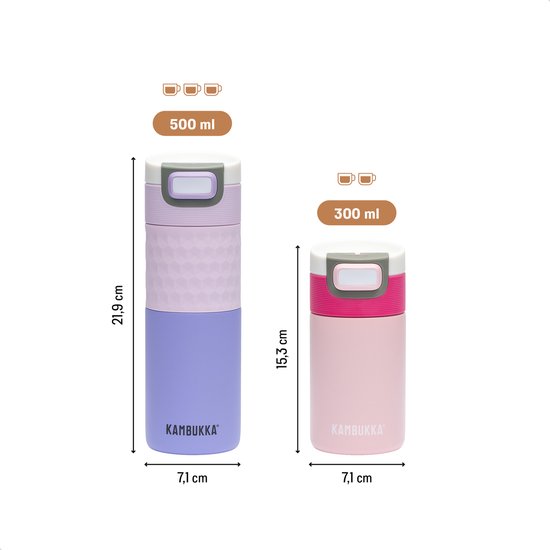Twee Kambukka thermosbekers, 500ml (21,9 cm) en 300ml (15,3 cm) hoog, beide 7,1 cm breed.