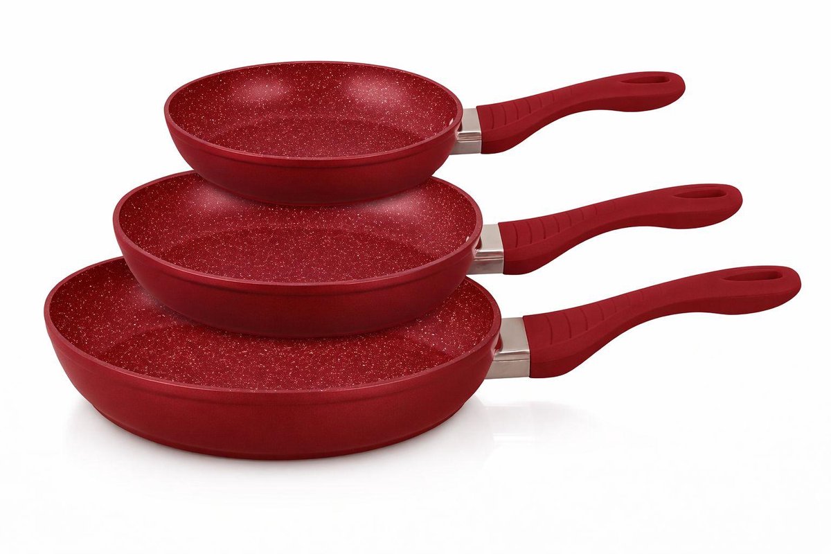 Koekenpan 3-delige Pannenset - Ø 20, 24, 28 cm Pannen - PFAS Vrij - Geschikt voor alle warmtebronnen - Inductie - Gas - Keramisch - Rood
