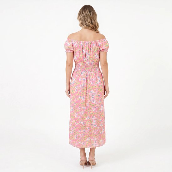 Roze off-shoulder jurk met korte pofmouwen en bloemenprint, tot op de kuit