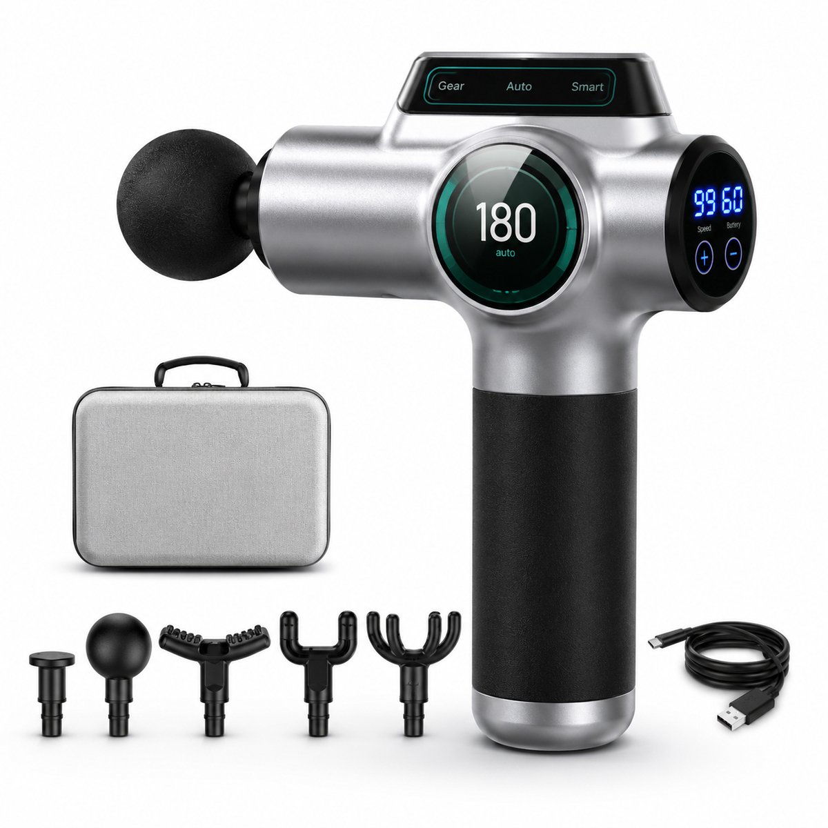 Jurrys Massagegun - Massageapparaat - Massagetoestel - Spiergun - Professioneel - Herstel bevorderend - Lichtgewicht - LCD - Zilver