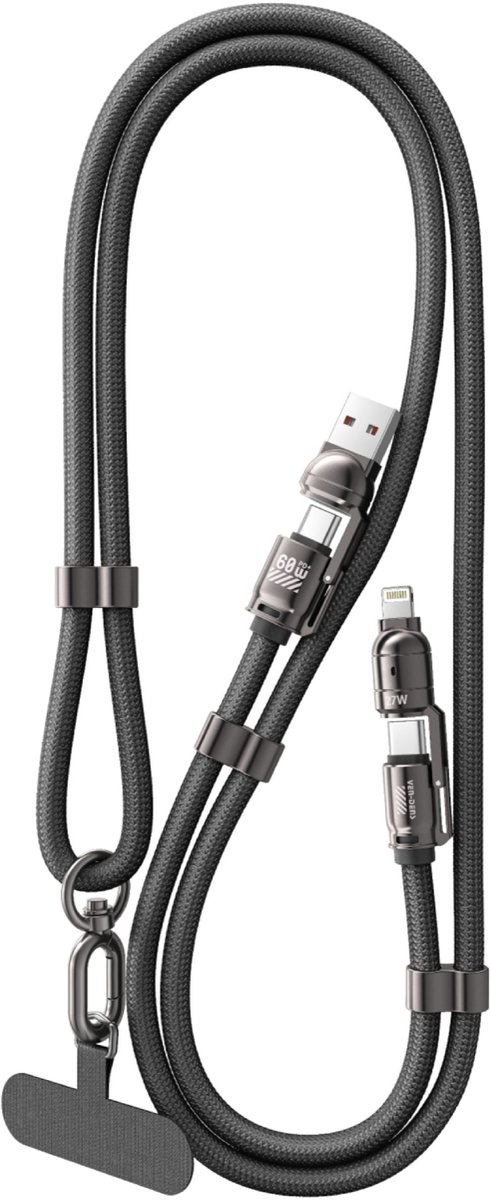 Ven-Dens 60W snelladende 4-in-1 datakabel met draagkoord (1,5 m) met connectoren van zinklegering, USB-A- en Type-C-multi-uitgangskabel.