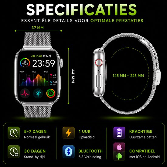 Royal Supplies RF-93 Smartwatch - Smartwatch Heren - Smartwatch Dames - Belfunctie- HD Touchscreen - Horloge - Stappenteller - Bloeddrukmeter - Saturatiemeter - IOS & Android -Screenprotector- Zilver staal