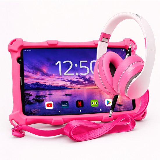 AngelTech Kinderpakket PRO MAX - Kindertablet PRO MAX + Kinderkoptelefoon - Android 15 - Combipakket - Kindertablet Vanaf 3 Jaar – Kinder Tablet – Kids Tablet - Tablet voor Kinderen - Roze