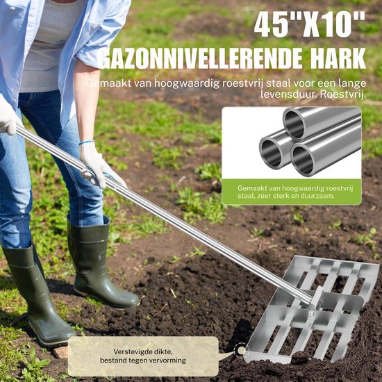 Damenzo - Hark - Gazonhark - Tuingereedschap - Egaliseren - Egaliserende hark - Tuin - Gazon - 115x25cm - Staal - Zilver van damenzo — afbeelding 2