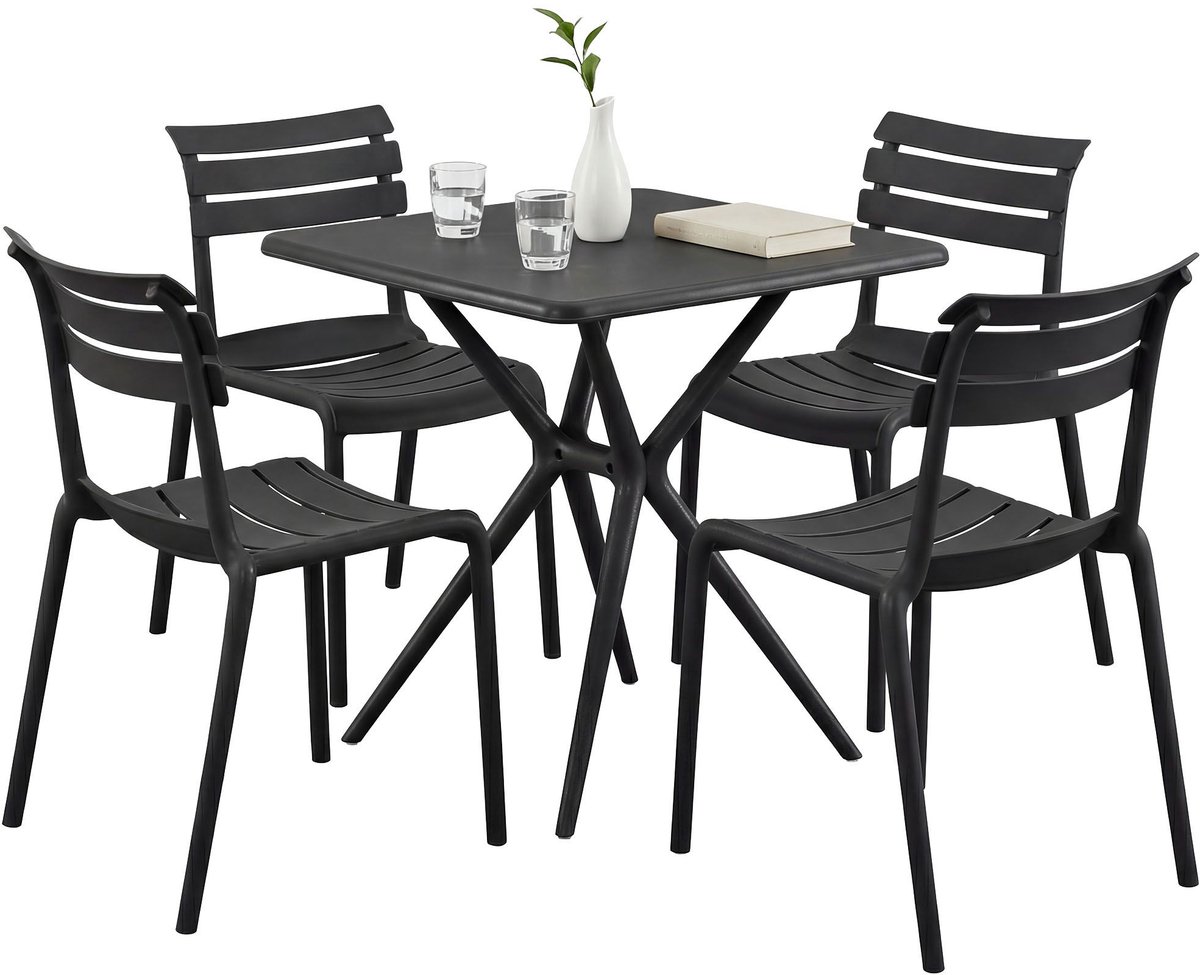CLP Vela tuinmeubelset - 4 stapelstoelen - vierkante eettafel 72x72cm - weerbestendige balkonset - voor terras en tuin - zwart