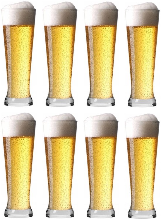 Un ensemble de huit grands verres à bière transparents remplis de bière dorée et surmontés d'une épaisse mousse blanche.