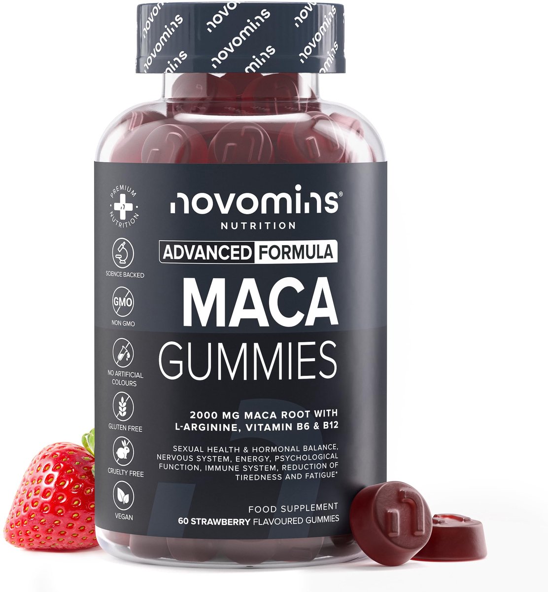 Maca 2000 mg, 100% Peruaanse Zwarte Maca, 60 Gummies, Vegan, Halal, Getest door Eurofins, Novomins