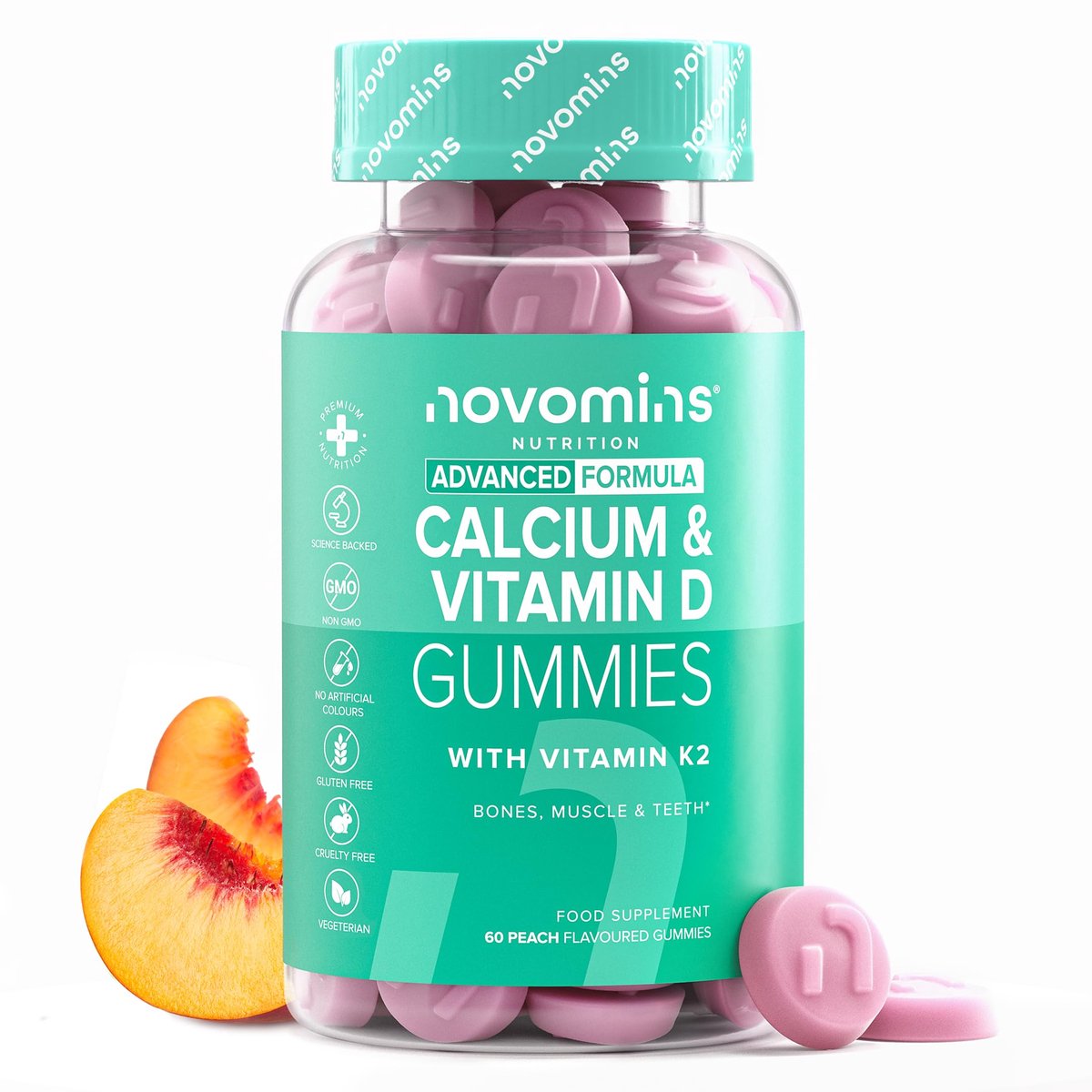 Calcium 400 mg, met Vitamine D3 & K2, 60 Gummies, Vegetarisch, Halal, Getest door Eurofins, Novomins