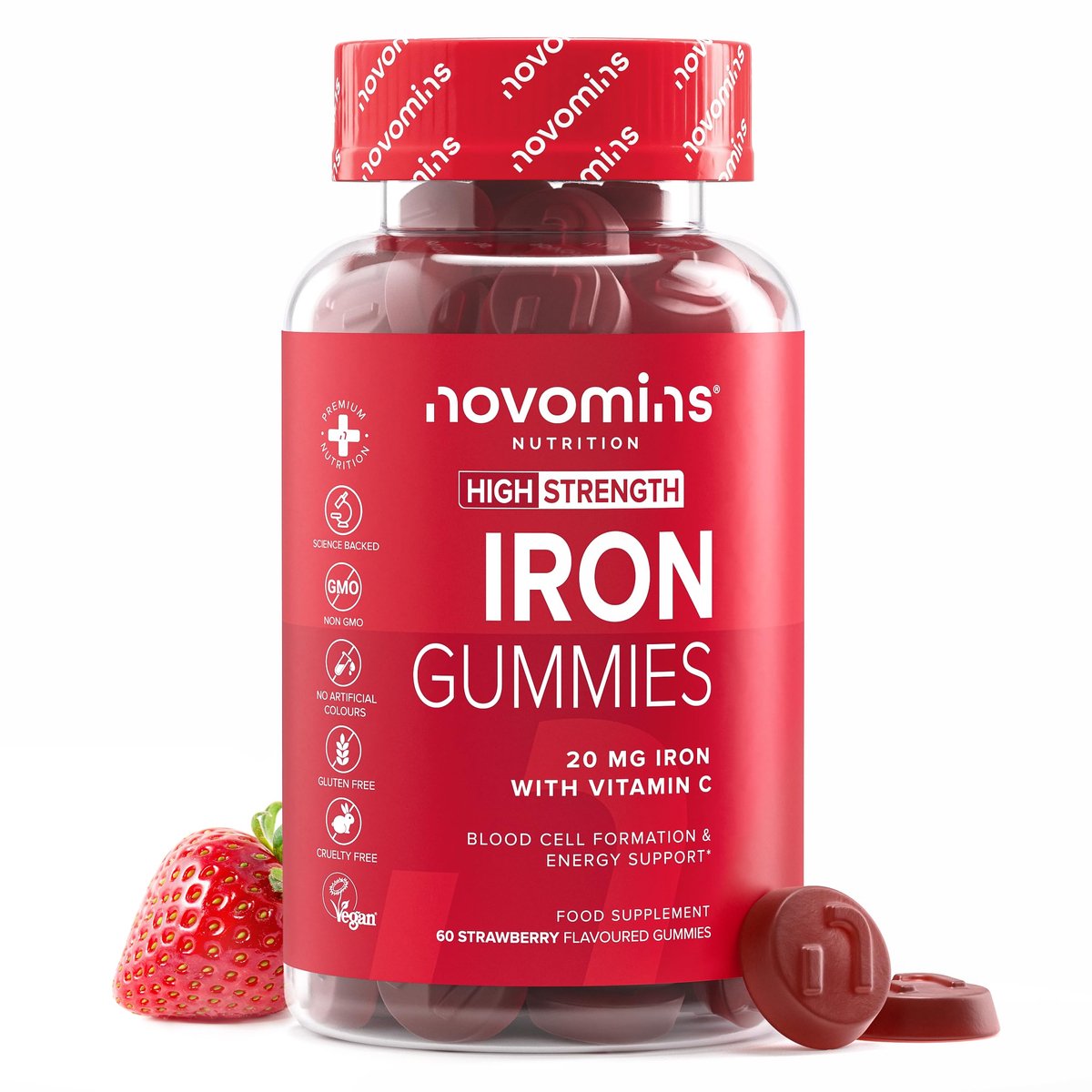 IJzer 20 mg, met 24 mg Vitamine C, 60 Gummies, Vegan, Halal, Getest door Eurofins, Novomins