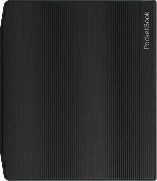 Zwarte PocketBook e-reader hoes met verticale ribbels en grijze rand.