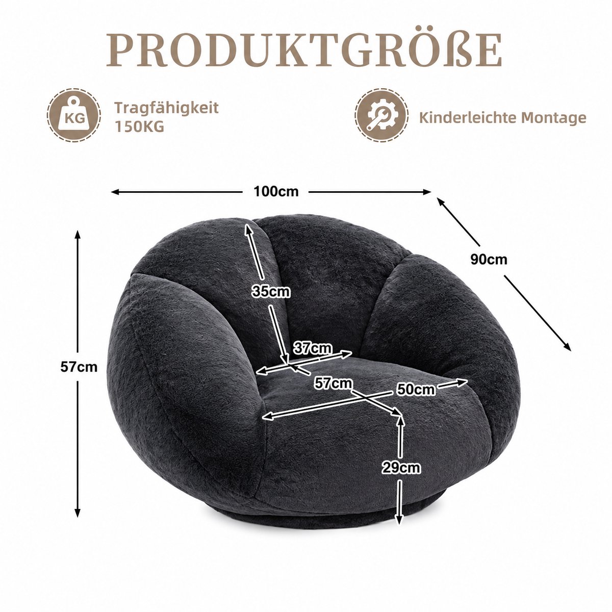 Innovastore Zitzak - Zachte Pluche Zitzak - Bean Bag - Woonkamer - Slaapkamer - Pluche vulling - Velours - Carbon black Carbon Zwart