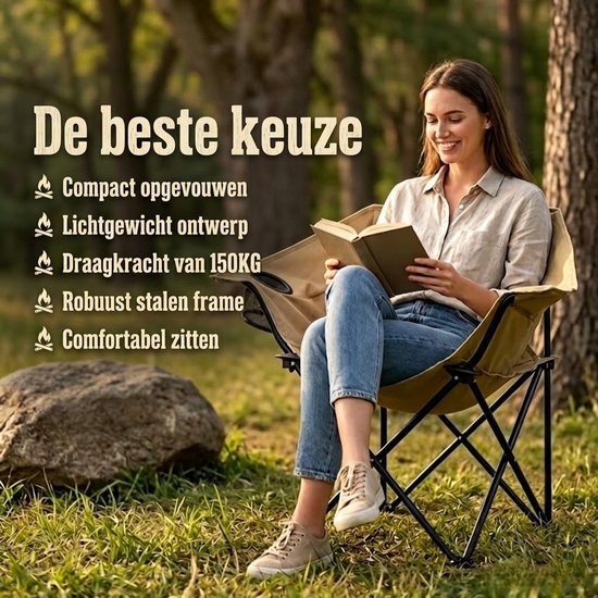 Lichtgewicht Campingstoel beige - Opvouwbaar kampeerstoel Met bekerhouder - Maanstoel - Festivalstoel - Vouwstoel - Strandstoel - Lichtgewicht Visstoel - opvouwbare maanstoel met draagtas - Draagvermogen tot 150 kg - 600D Oxford Klapstoel — afbeelding 5