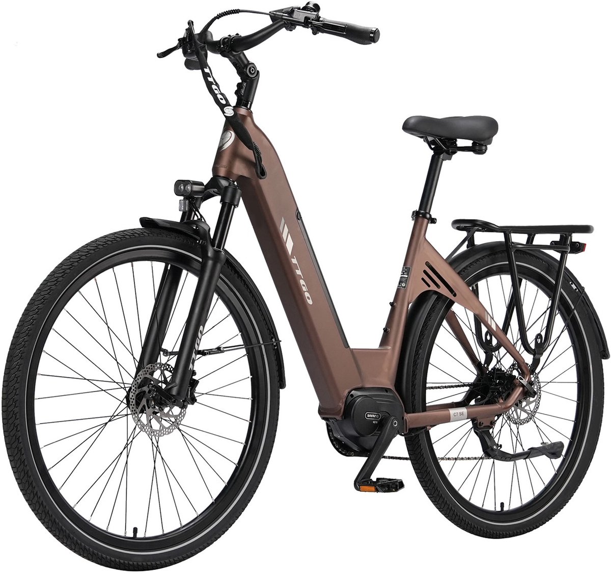 Elektrische Stadsfiets TTGO C7 SE - 28 INCH Banden - 250W Bafang Middenmotor - 36V18Ah Accu - Bereik tot 140km - Shimano 9 Versnellingen - Bruin thumbnail 2
