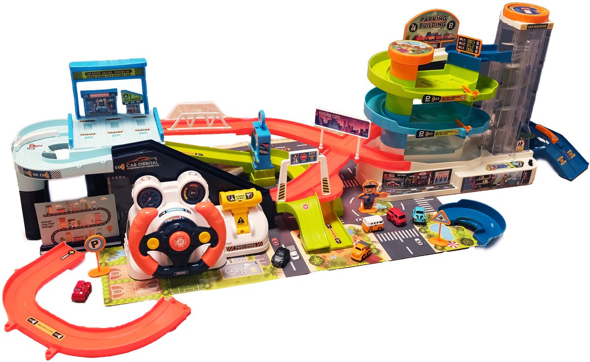 Zoem - Maxi Garage met werkende lift - Urban Rail Track - Garage 2 in 1 - Racebaan - 6 Auto's - Groot formaat - Geluid en licht - speelgoed - Verjaardag - Cadeau - Accessoires