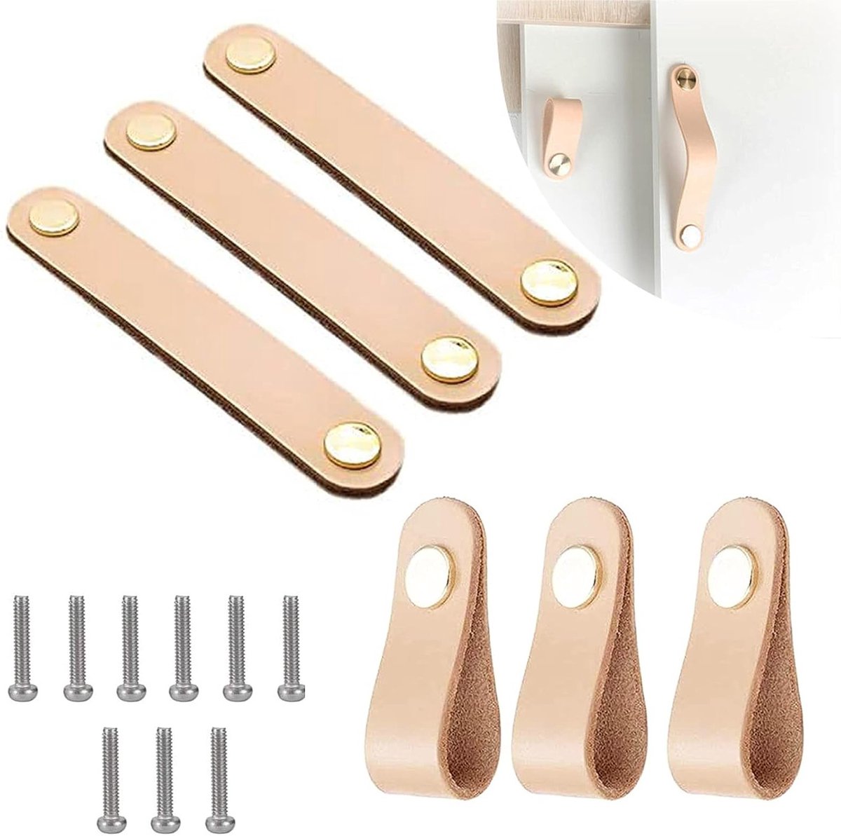 Set van 6 Meubelhandgrepen van PU Leer voor Keuken- en Badkamerkasten, Inclusief Schroeven, 2 Modellen, Stijlvolle Deurgrepen voor Dresser en Kasten