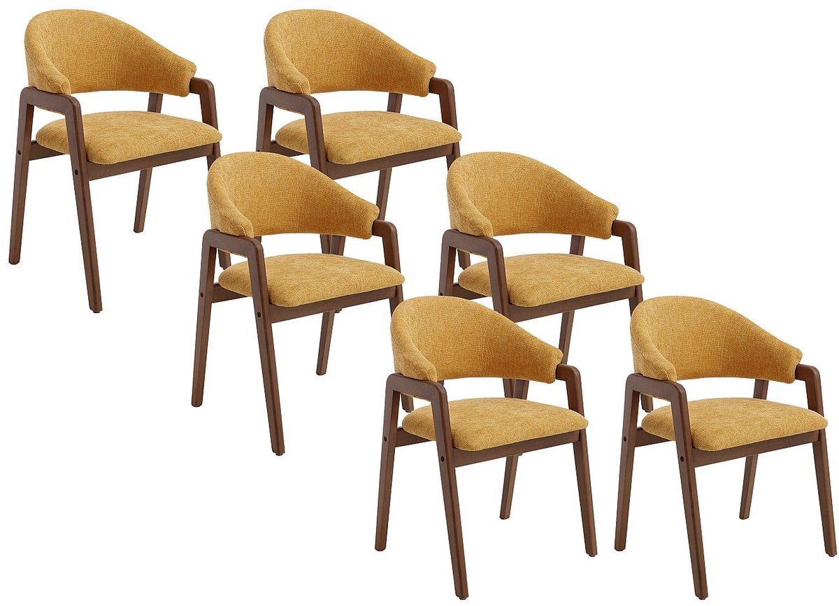 Vente-unique Set van 6 stoelen met armleuningen in gestructureerde stof en rubberhout - Geel en donker naturel - SOLUNA