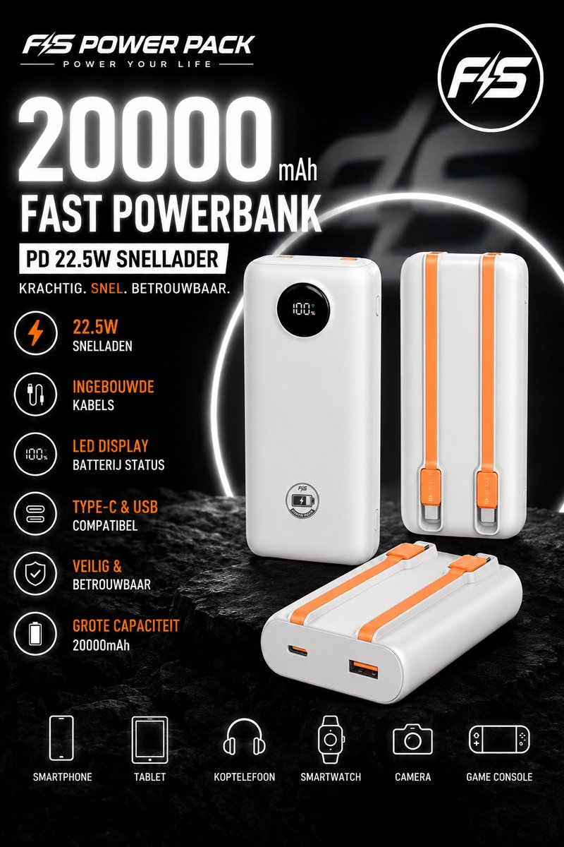 20000mAh Fast Powerbank -PD 22.5W Snellader- FS Power Pack Powerbank 20000mAh – 22.5W – Met Ingebouwde Kabels – LED Display – Type-C & USB – Wit-Powerbank led display - Draagbare oplader - Externe batterij - Grote capaciteit - Powerbank- Snellader – foto 2