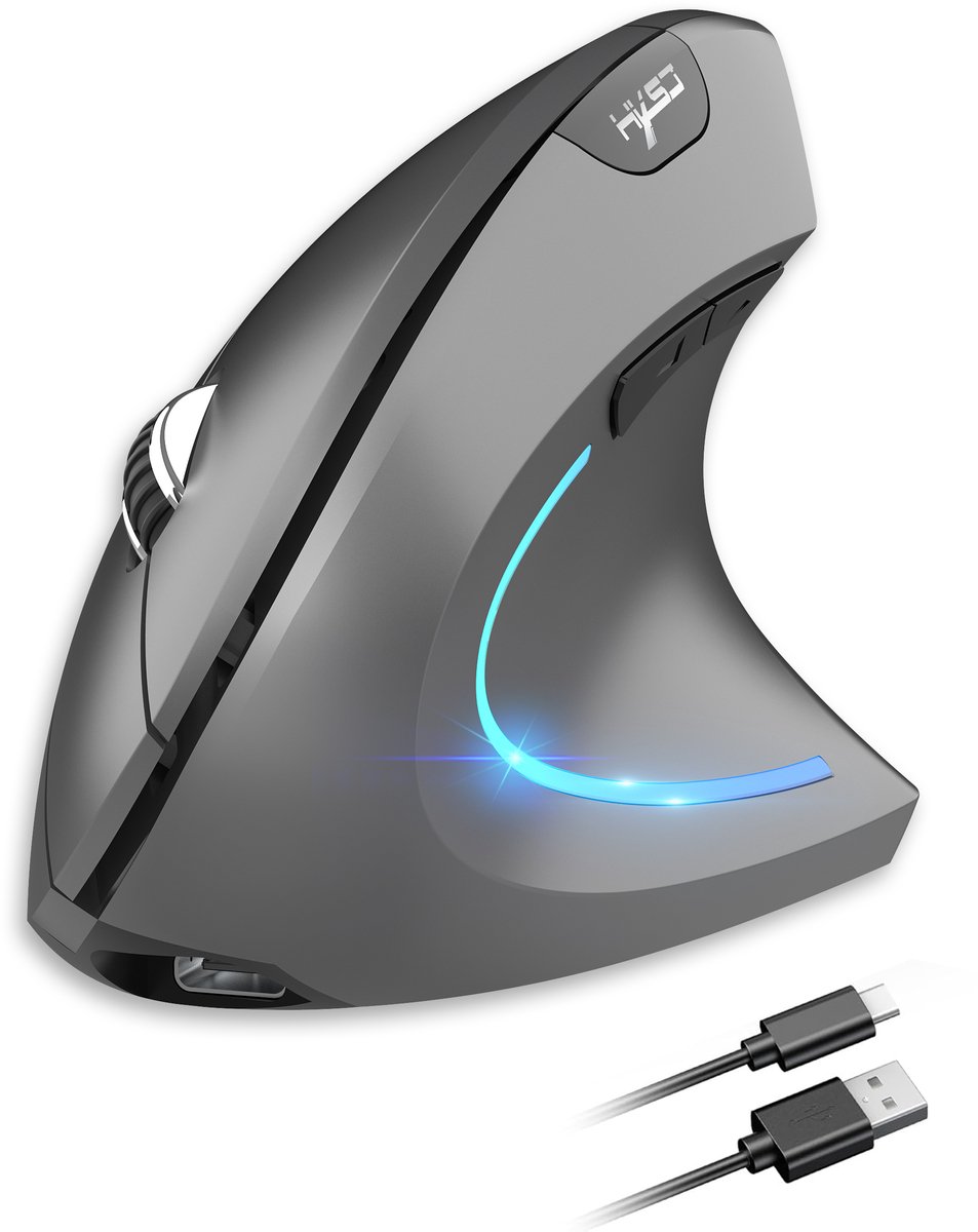 HXSJ T22 Ergonomische Draadloze Muis – Bluetooth 5.1 & 2.4G USB – Oplaadbaar via USB-C – Verticale Gaming & Office Muis – Instelbare DPI 3200 – LED Verlichting – Stil Design – Grijs