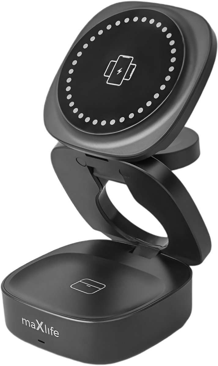 MaXlife, 3-in-1 Draadloze Oplader - Geschikt voor MagSafe - Qi 15W - Voor Smartphone / AirPods / Apple Watch, Zwart
