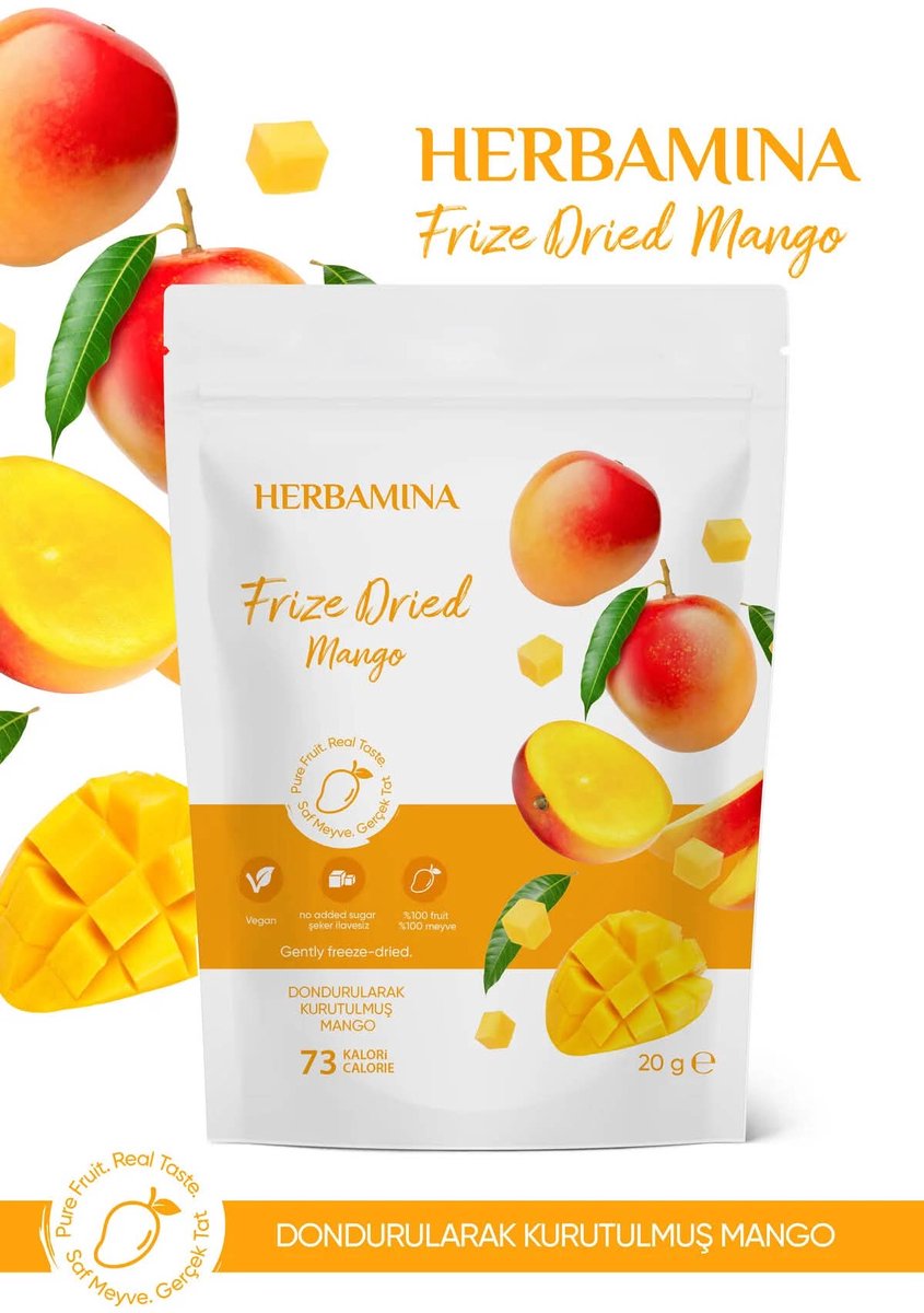Herbamina Gevriesdroogde Mango Snack – Freeze Dried Mango – 100% Fruit – Vegan – Zonder Toegevoegde Suikers – 20 g