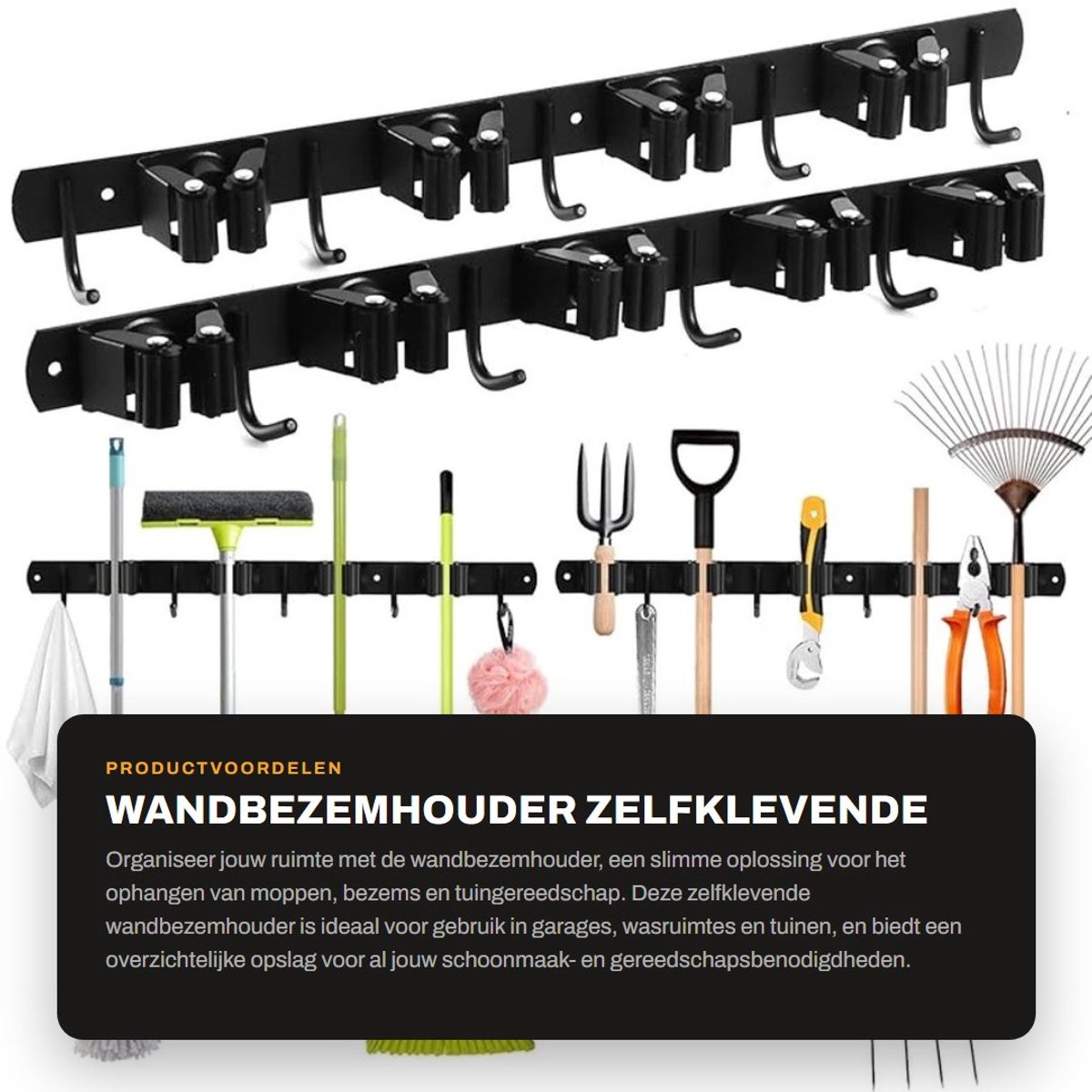 Dailygoods- Wandbezemhouder 2 Stuks - Roestvrij Staal - Zelfklevend - 9 Houders/Haken - Ruimtebesparend - Voor Gereedschapsopslag - Gereedschapsopberger