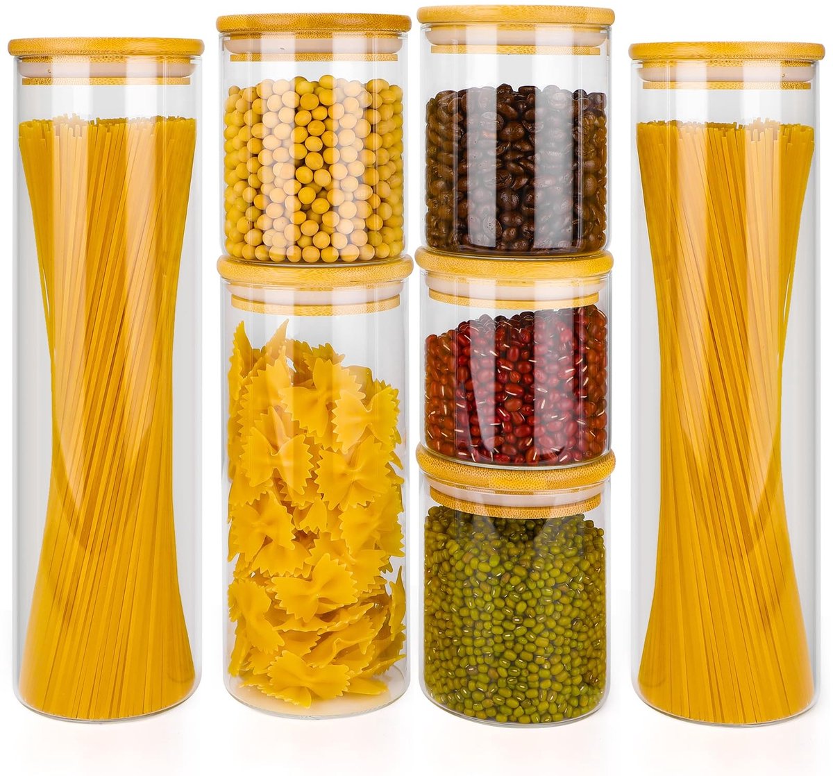 Dailygoods- Opslagpot Set van 7 - Luchtdicht - Glazen Opslagcontainers - Houten Deksel - Voor Pasta/Noten/Meel - Diverse Maten