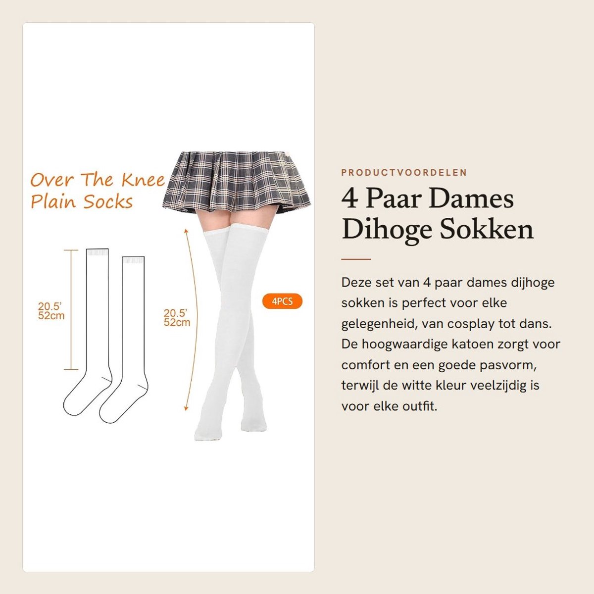 Dailygoods- Dijhoge Sokken 4 Paar - Effen Witte Kousen - Dames/Meisjes - Over de Knie - Comfortabel - Katoen/Polyester - Kniekousen