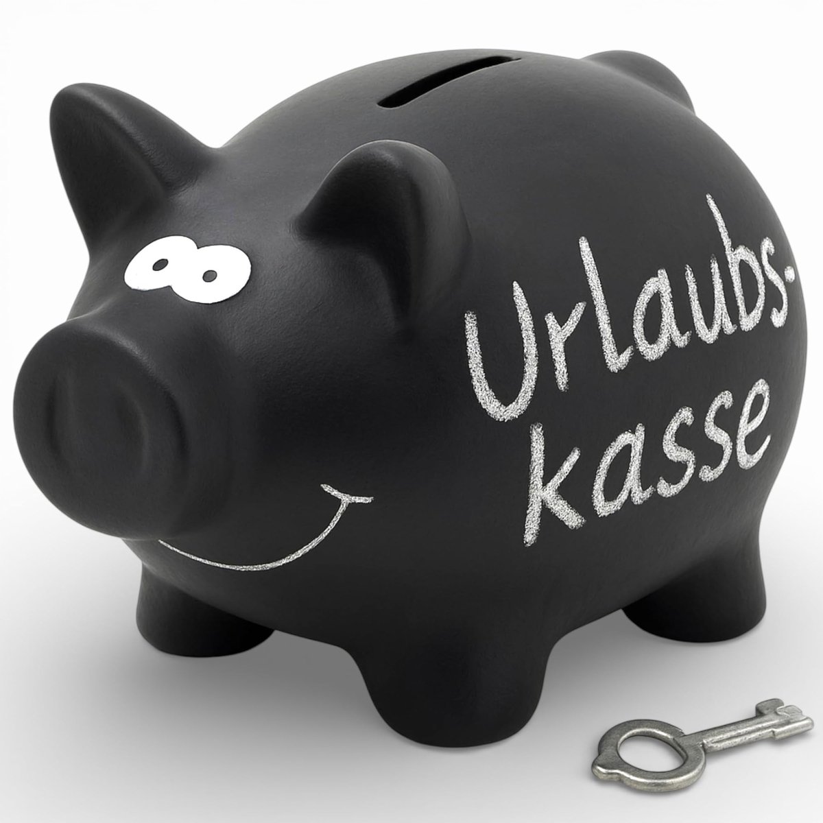 Dailygoods- Spaarvarken Keramisch - Spaarpot met Tafeloppervlak - Slot met Sleutel - Krijt voor Labels - 16 x 12 cm - Zwart