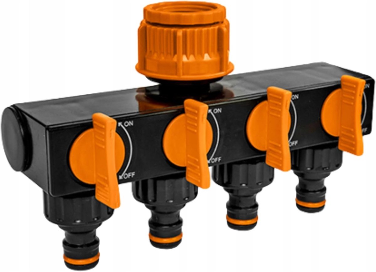 Tuinwaterverdeler 4-voudig - Vierwegkraan - Meerdere zones bewateren - Onafhankelijke ventielen - 1 inch met 3/4 reductie - Oranje