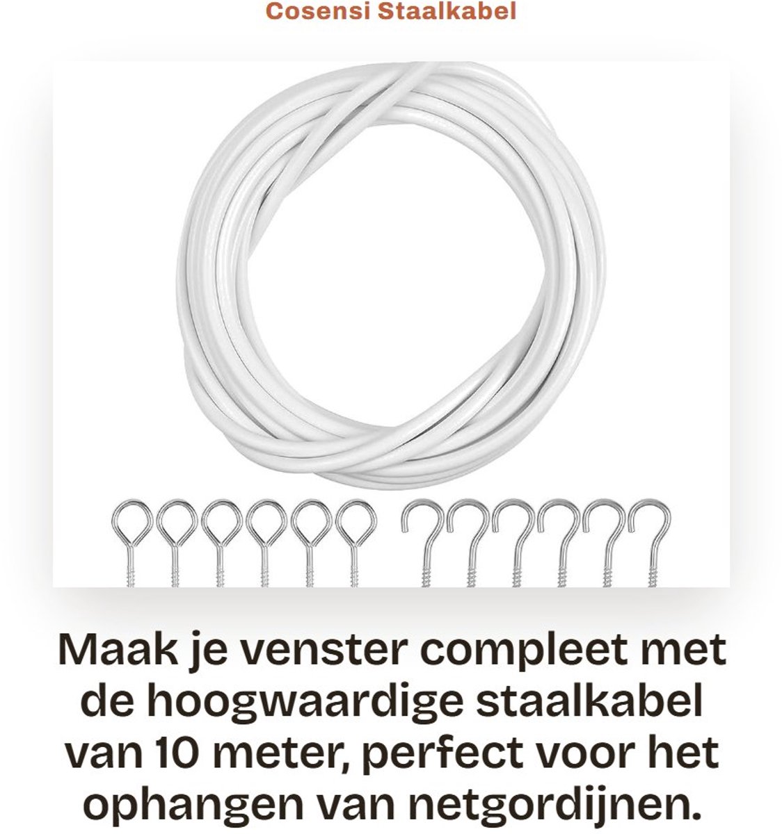 Dailygoods- Staalkabel 10 M - Gordijnset met Haken - Kunststof Gecoat - 10 Paar Ogen - Veerstaal - 4 mm Diameter - Gordijnkabel