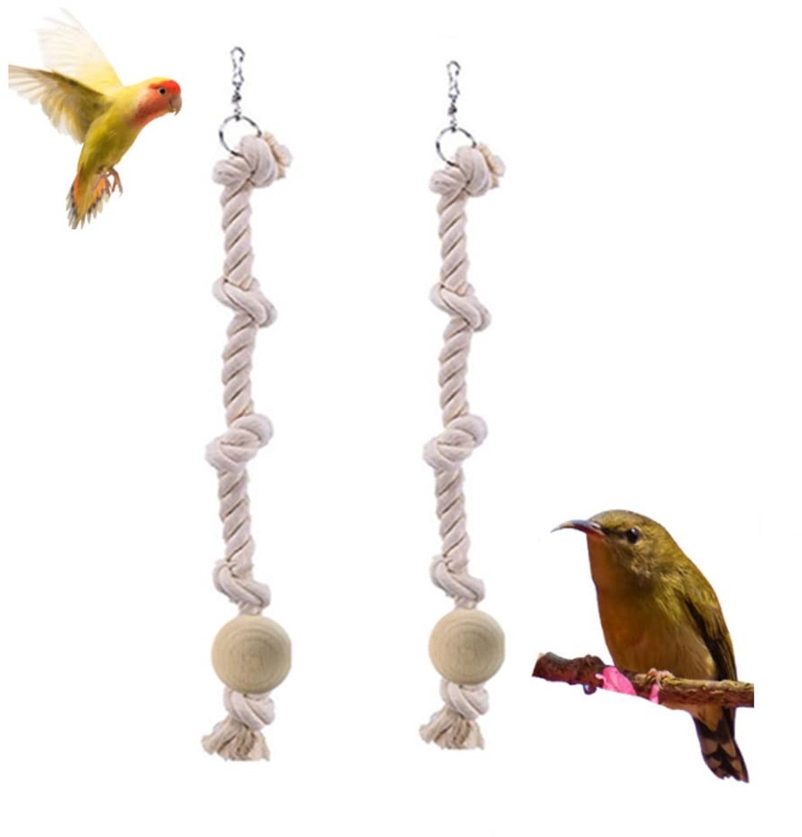 Dailygoods- Klimtouw 2 Stuks - Katoenen Touw 40 cm - Klimmen/Kauwspeelgoed - Natuurlijke Materialen - Niet Giftig - Afneembare Haak - Vogelspeelgoed