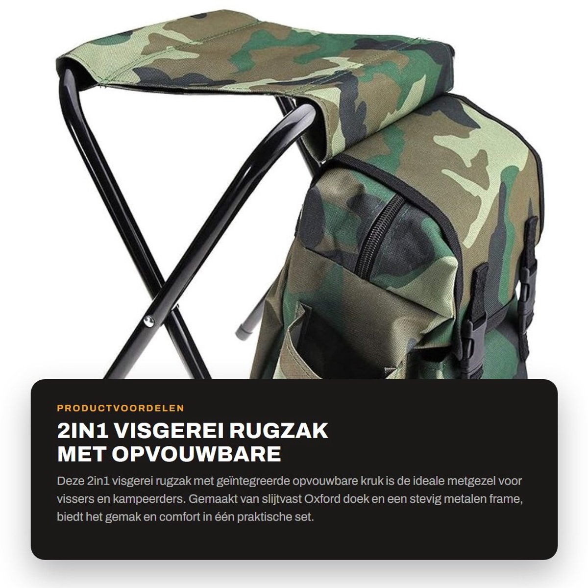 Dailygoods- Visgerei Opvouwbare Rugzak - Visstoel - Campingstoel - Draagbaar - Slijtvast Oxford Doek - Max. 90kg Laadvermogen