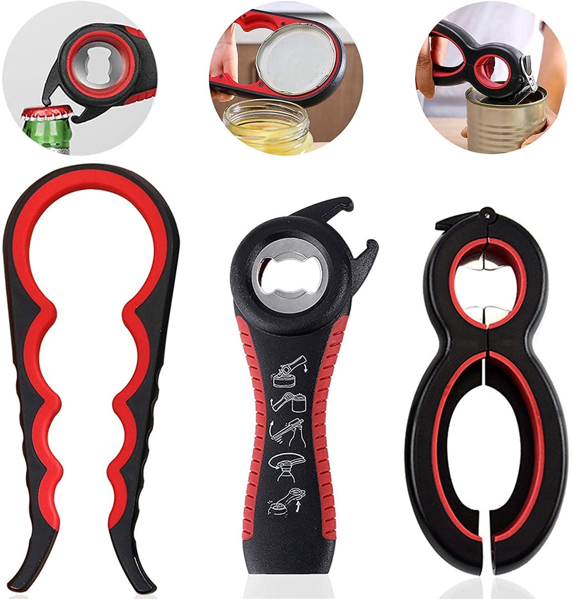 Dailygoods- Flesopener 6-in-1 - Multifunctionele Dekselopener - Blikopener - Ideaal voor Kinderen/Senioren - Handvat voor Eenvoudig Afdraaien - Geschikt voor Artritische Handen