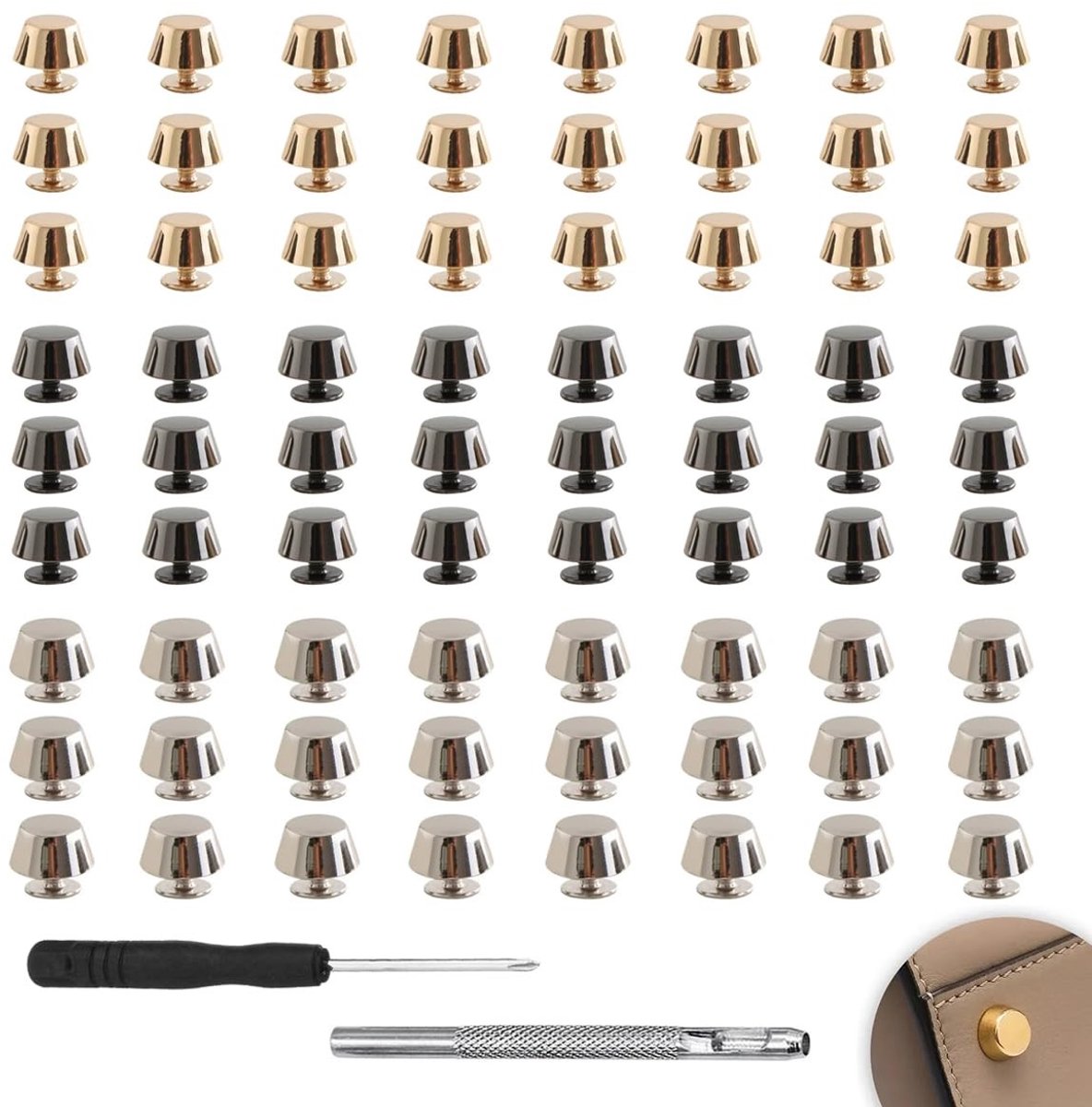Dailygoods- Bodemnagels 72 Stuks - Klinknagels voor Leer - Platte Kop - Anti-corrosie - Met Schroevendraaier - Voor Doe-het-zelf Handwerk
