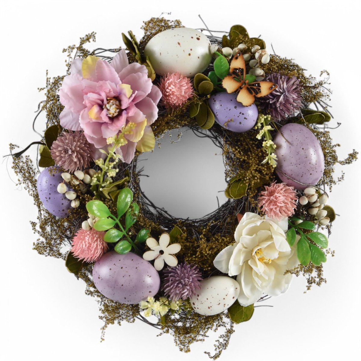 Dailygoods- Paaskrans 23 cm - Deurkrans met kunstbloemen/eieren - Decoratieve Krans voor Muur/Tafel - Geschikt voor Pasen/Lente - Schuimrubberen Basis - Dekoratiekrans