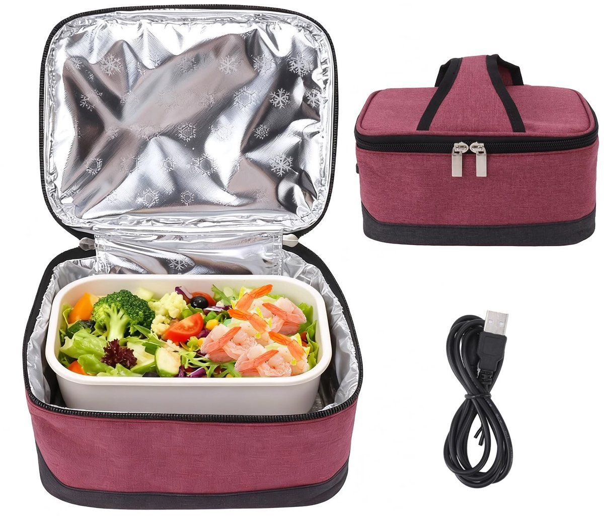 Dailygoods - Draagbare Voedselverwarmer - USB-verwarming - Handige Lunchtas - Bordeaux - Elektrische Oven - Perfect voor Kantoor en Reizen