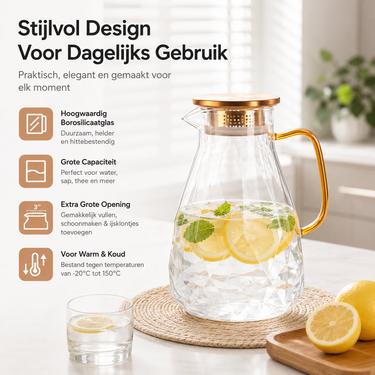 BOTC Karaf van glas - Waterkan met deksel - 2,2 L - Ijstheekan met borstel - Hittebestendige Borosilicaatkan — cadeau in Koken & Dineren - foto 3