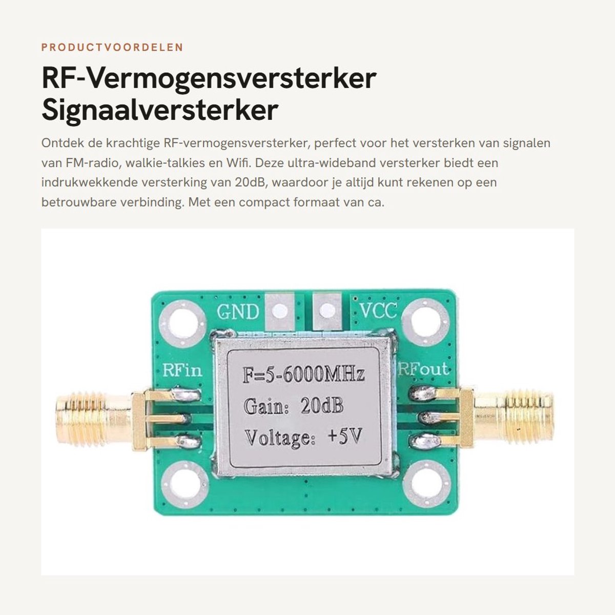 Dailygoods- Vermogensversterker 5M-6GHz 20dB Gain - Signaalversterker - Ultra-Wideband - LNA Board Module - Voor FM-radio/Wifi - Compact 23x28 mm