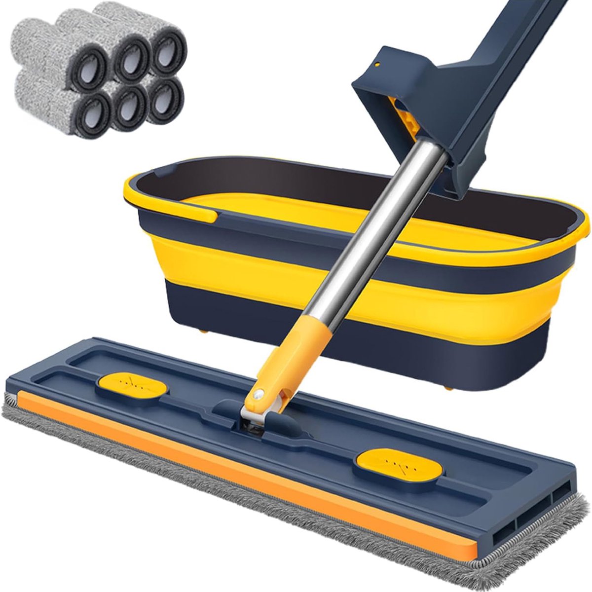 Dweil met Emmer - Zelfwringende Platte Mop - 360° Draaibare Kop - 42 cm Breed - Inclusief 6 Doeken - RVS 133 cm