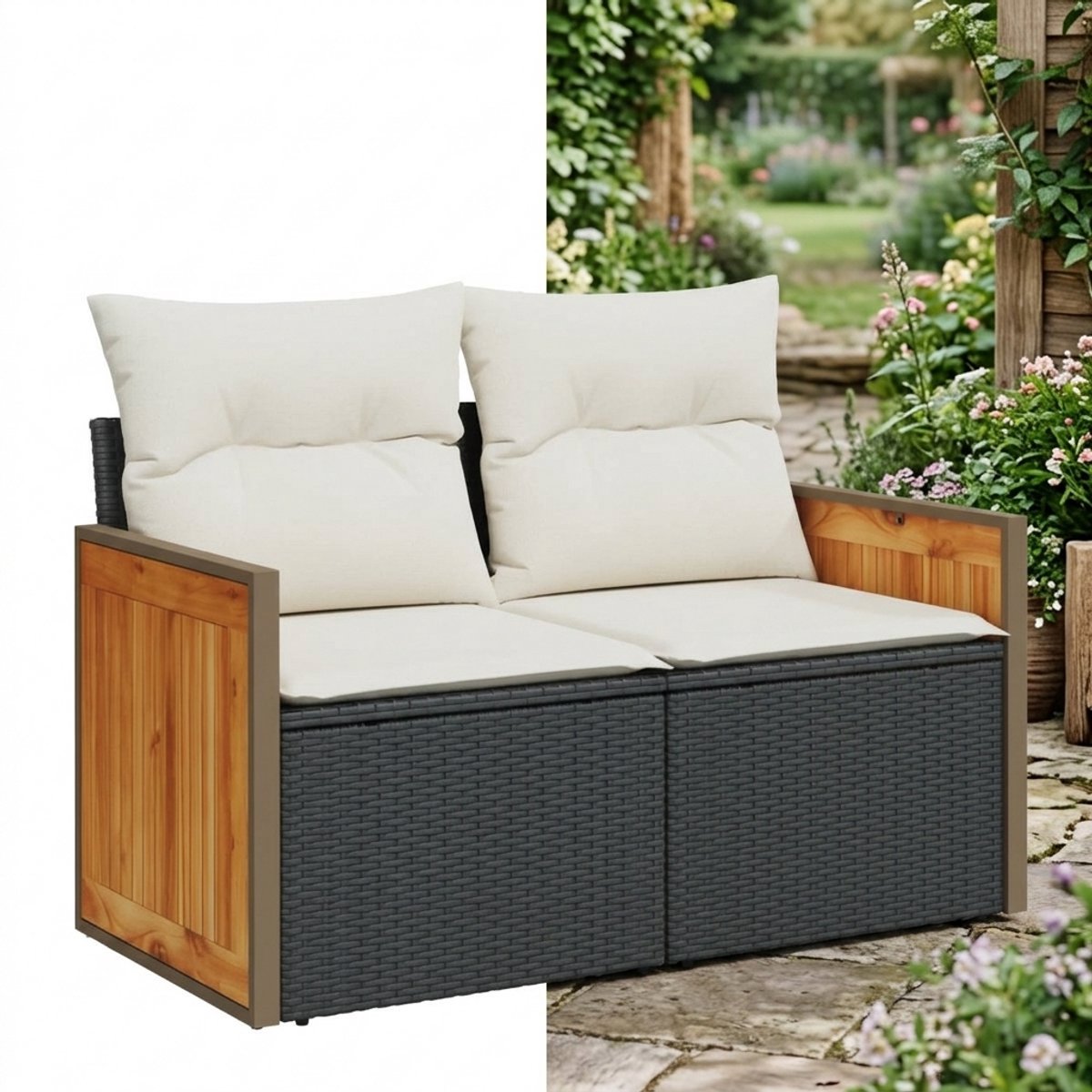 Tuinbank met opbergruimte - Lounge Bank - Buitenbank - Tuinset - Houten Bank - Modulair Bankstel - Balkon Set - Poly rattan - Zwart