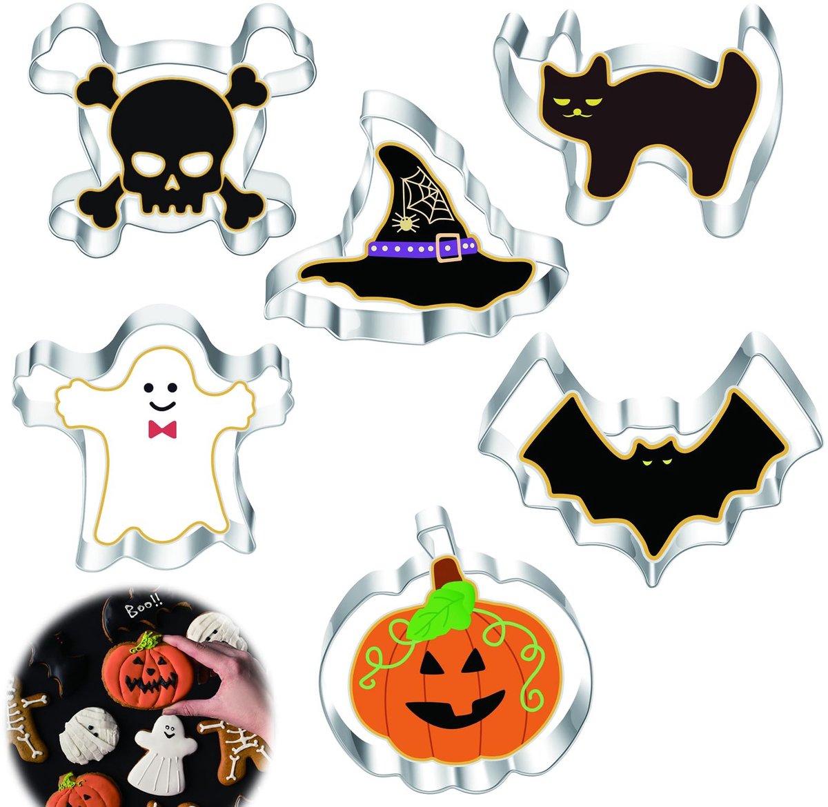 Dailygoods- Koekjesuitsteekvormpjes 6 Stuks - Roestvrij Staal - Duurzaam - Gemakkelijk te Reinigen - Voor Feestelijke Desserts - Griezelig Ontwerp - Koekjesvormpjes