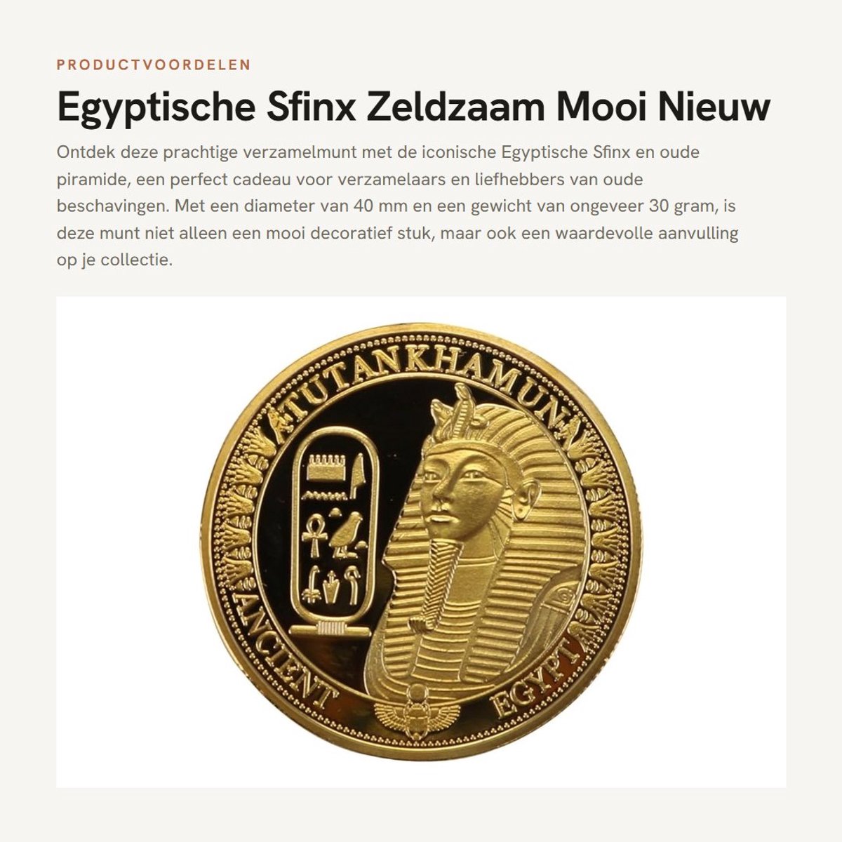 Dailygoods- Herdenkingsmunt Goudkleurig - Egyptische Sfinx - Verzamelmunt - Cadeau voor Verzamelaars - Diameter 40 mm - Gewicht 30 gram